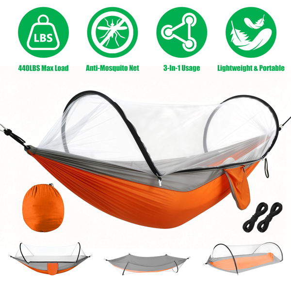 3-in-1 Camping Hammock with Automatic Pop-Up Mosquito Net, Lightweight 70D Nylon Portable Hammock Supports 440lbs, Dual Zipper Outdoor Hammock for Camping Hiking Backpacking Beach Backyard