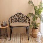 Tulip Patio Garden Bench Metal Park Bench Cast Aluminum Outdoor Furniture with Floral Rose for Patio,Park,Lawn,YardBlack withe cushion - Image 5