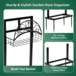 Garden Hose Holder, Water Hose Holder Stand with Storage Basket, Heavy Duty Freestanding Garden Hose Hanger Storage Rack with 4 Spikes for Outside Yard Lawn Farm, Black - Image 4