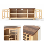 57.87 Inch TV Stand with Deep Brown Top & Natural Wood Cabinet - Double Glass Door Media Console, Laminate Particle Board Entertainment Center for TVs Up to 65 Inches - Image 2