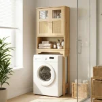 2-Door 3-Tier Toilet Cabinet Particleboard Melamine-Faced Bathroom Vanity Bathroom Cabinet with Rattan Surface 23.62*8.66*66.93in Natural Wood - Image 21