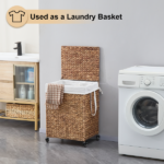 100L 2-Section Laundry Hamper with Lid and Wheels, Woven Natural Water Hyacinth Rolling Laundry Hamper - Image 8