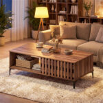 47 Inch Mid-Century Coffee Table with Storage Cabinets & Open Compartment, Walnut Wooden Look Accent Table with Heavy-Duty Metal Legs for Living Room - Image 2