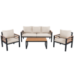 GO 4-Piece Outdoor Furniture Sofa Set for 5 People with Acacia Wood Armrests, Patio Conversation Set with Removable Cushion and Solid Wood Coffee Table for Garden,Beige