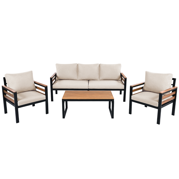 GO 4-Piece Outdoor Furniture Sofa Set for 5 People with Acacia Wood Armrests, Patio Conversation Set with Removable Cushion and Solid Wood Coffee Table for Garden,Beige