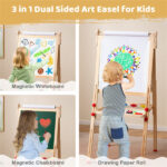 Natural Pine Wood 3-in-1 Kids Art Easel with Magnetic Whiteboard & Chalkboard, Adjustable Height Foldable Drawing Board for Ages 3-14 - Image 9