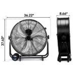 US Standard MLD-30 Industrial Drum Fan, 30 Inch 110V 230W High Velocity Floor Fan, 3 Speed Heavy Duty Black Metal Air Circulator, Adjustable Tilt with Outer Double Wheels, Copper Motor Single Side Support for Warehouse Commercial Use - Image 9