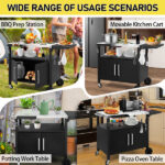 Outdoor Grill Cart with Storage, Rolling Bar Cart Movable Kitchen Island for BBQ, Patio Dining Cart Table for Food Prep with Wheels Hooks Foldable Top - Image 18