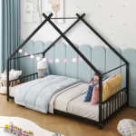 Black House Shaped Twin Size Kids Metal Bed with Side Rails, Platform Bed No Box Spring Needed, Safe & Sturdy Metal Frame for Kids Toddlers, US Standard Size - Image 11