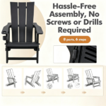 Black Weatherproof HDPE Outdoor Adirondack Chair, 330LBS Capacity Ergonomic Patio Lounge Chair with Built-in Cup Holder, Snap-Together Tool-Free Assembly for Poolside Backyard - Image 5