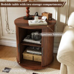 Mid Century Modern Cylinder End Table with Built-in Charging Station & Sliding Door, 2-Tier Storage Round Nightstand with USB Ports, Walnut Bedside Table for Living Room, Bedroom, Entryway - Image 5