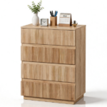 Handleless Grille-Finished 4-Drawer Bedside Table P2 Particleboard + MDF & Melamine Veneer + Thermoformed Drawer Dresser 23.62*14.96*30.71in Oak - Image 4