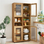 67" Tall Slim Bathroom Storage Cabinet with Fluted Doors, Adjustable Shelf Freestanding Narrow Organizer - Natural - Image 9