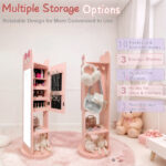 Pink, bow-themed, MDF (medium-density fiberboard) painted finish, 1-door, 1-shelf, rotatable base, children's jewelry mirror cabinet - Image 15