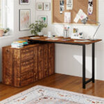 Reversible L-Shaped Desk with Built-in Charging Station, Home Office Desk with Drawers & File Cabinet - Rustic Brown - Image 2