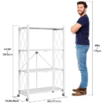 4-Tier Folding Storage Shelves with Wheels, Foldable Metal Rack, Collapsible Shelves for Garage, Kitchen, Basement, White - Image 2