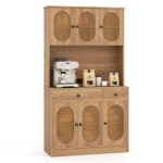 Natural Boho 6-Door Pantry Cabinet, PE Rattan Doors & Built-in Charging Station (2 AC Outlets + 2 USB Ports)
