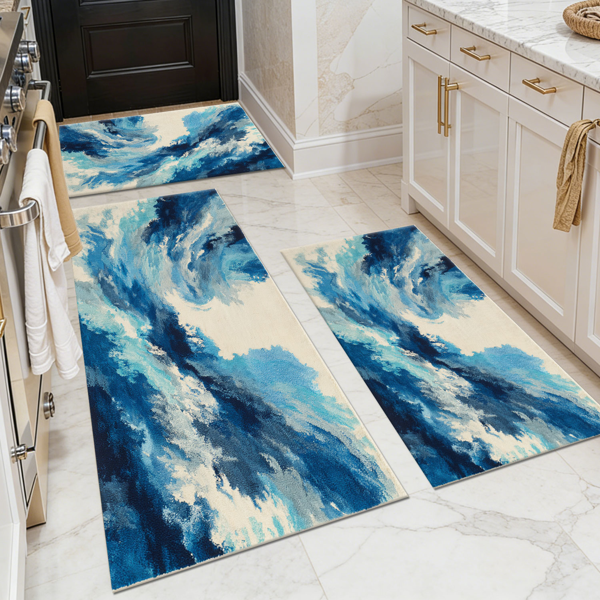 90bdf207-f38f-4ee4-b0ee-ee0e7b4c2df6.png Three-piece kitchen rug set, non-slip and washable, abstract pattern kitchen hallway rug, soft and comfortable, suitable for sinks, floors, entrances, hallways and bathrooms. - Image 1