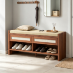 Brown 3-Tier Shoe Storage Bench – Cushioned Seat, 2 Rattan Drawers and Bottom Open Shelf - Image 5
