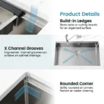 Stainless Steel Kitchen Sink, 36″x19″ Single Bowl, Undermount Handmade Sink in Brushed, with Cutting Board, Colander, Grid[Unable ship on weekends, TK/TEMU only for pickup, only TX10643 warehouse supports GOFO] - Image 4