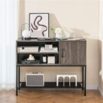 Rustic Brown Sideboard with 2 AC Outlets & 2 USB Ports, Charging Buffet Cabinet with Wine Rack- Gray - Image 2