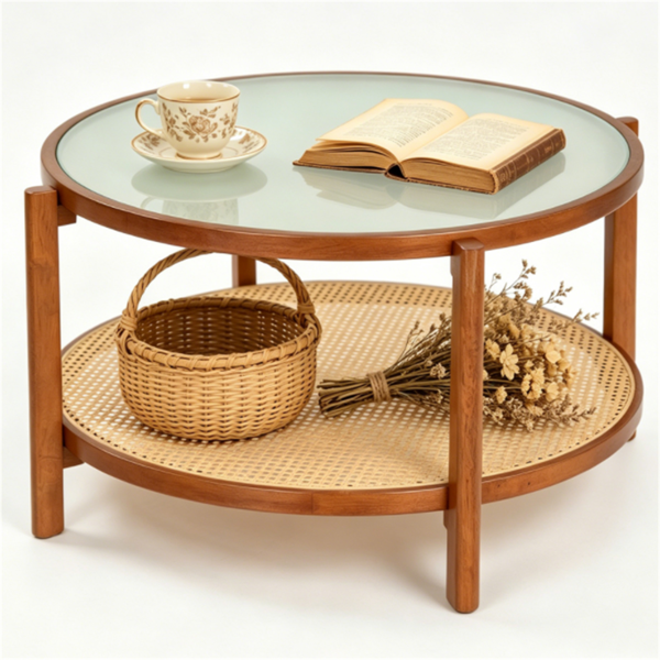 Walnut Boho 2‑Tier Round Coffee Table, PE Rattan Accent Side Table with Tempered Glass Top, Solid Acacia Wood Center Table with Storage Shelf for Living Room Apartment Balcony