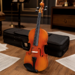 Brand new 4/4 acoustic matte tiger stripe violin set includes phonetic symbols sticker, tuner, string set, shoulder rest, rosin, bow, and premium gift box. - Image 9