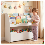 3-Tier Kids Bookshelf Toy Storage Organizer with 2 Rolling Drawers, Rounded Corner Anti-Tipping Toddler Bookcase Engineered Wood for Playroom Bedroom Nursery Classroom - White - Image 9