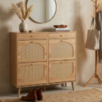 Rattan-front shoe cabinet with 2 drawers and 4 flip-down compartments, made of particleboard, 105*24*110cm, natural wood color - Image 6