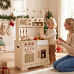 Kids Wooden Play Kitchen with Realistic Lights & Sounds, Pretend Ice Maker & Accessories for Toddlers - Image 11