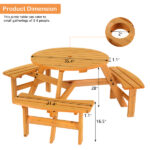 6-Person Outdoor Circular Wooden Picnic Table with 3 Built-In Benches, Outside Table and Bench Set for Porch Backyard Patio Lawn Garden - Image 7