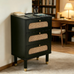 3-Drawer Nightstand with Woven Rattan Fronts and Built-in Power Outlet 15.75"*13.78"*23.82" Black - Image 12