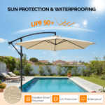 10FT Round Offset Patio Umbrella, Banana Hanging Cantilever Umbrella with 60° Adjustable Angle, Crank System, Cross Base & Pole Sleeve, UPF 50+ Waterproof Polyester Canopy, 6 Iron Ribs for Garden Deck Backyard, Khaki - Image 16