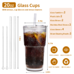 2 pcs vertical striped glass water cup coffee cup, high appearance value, with lid, straw and brush, suitable for drinking water, coffee and milk - Image 2
