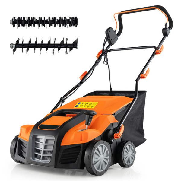 Corded Electric Lawn Dethatcher with 16-Inch Cutting Width, Wear-Resistant Wheels & Large Removable Grass Bag for Home Lawn - Orange