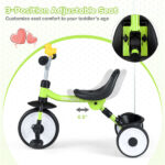 Toddler Tricycle with Rainbow LED Wheels, Foldable 3-in-1 Balance Bike with Carbon Steel Frame, Removable Pedals & Rear Storage Basket - Green - Image 6