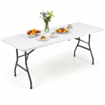 White 71 Inch Portable Foldable Camping Table, HDPE Waterproof Easy Clean Plastic Outdoor Table with Lockable Metal Legs, Half Fold Design Compact Storage Utility Table for Picnic Wedding Backyard Event - Image 2