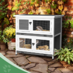 2 Story Solid Wood Rabbit Hutch Bunny Cage with 2 Large Main Rooms, Indoor Outdoor Rabbit House Guinea Pig Cage Pet House for Small Animals with 2 Removable Trays, Grey - Image 10