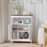 Modern Storage Cabinet with Double Doors, Free-Standing Bathroom Cabinet with Adjustable Shelf and Natural Wood Top, Multi-Purpose Organizer for Kitchen, Living Room, Bathroom or Entryway – White - Image 10