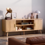 59.05 Inch Low Profile TV Stand - Light Brown Laminate Particle Board Media Console with Double Slatted Doors, Entertainment Center for Living Room & Bedroom - Image 6