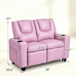 Pink 2‑Seater Kids Recliner Loveseat, Adjustable Double Toddler Sofa with Cup Holders & Storage Pockets, 330 lbs Heavy‑Duty PU Leather Kids Couch for Ages 3+ - Image 5