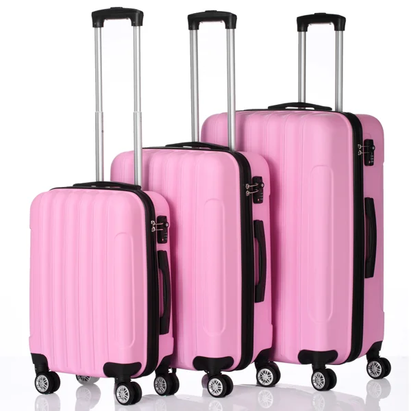 Vertical Striped 3-in-1 Luggage Set with Handle ABS Trolley Case with Swivel Wheels Aluminum Alloy Trolley Suitcase 20in 24in 28in Pink