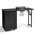Nail Desk Folding Table, Black MDF Manicure Station w/ 2 Drawers & 1 Door Cabinet for Nail Art Salon Home Beauty