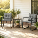 3-Piece Outdoor PE Rattan Rocking Chair Conversation Set with 2-Tier Glass Coffee Table, Heavy Duty Metal Frame Patio Rockers with Zipper Removable Gray Cushions & Back Pillows Mixed Brown Wicker for Backyard Porch Poolside - Image 10