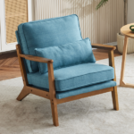 Mid-Century Oak Accent Chair - Linen-Cotton Navy Blue Upholstered Single Lounge Chair, Indoor Armchair with Sturdy Wood Frame (330LBS Weight Capacity) - Image 22
