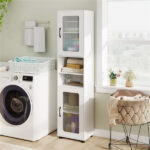 67" Tall Slim Bathroom Storage Cabinet with Fluted Doors, Adjustable Shelf Freestanding Narrow Organizer - White - Image 11