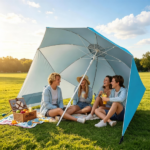 2-in-1 Portable Beach Umbrella with Side Panels UPF 50+ Silver Coated Oxford Cloth, Wind Resistant Vented Canopy with Sand Anchor Stakes Wind Ropes - Turquoise - Image 7