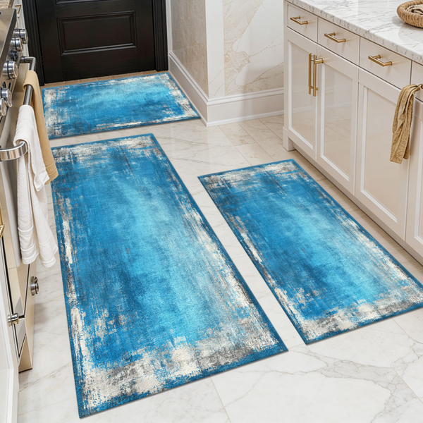 Three-piece kitchen rug set, non-slip and washable, abstract pattern kitchen hallway rug, soft and comfortable, suitable for sinks, floors, entrances, hallways and bathrooms.