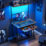 Mobile Rolling Computer Desk with RGB LED Lights & Built-in Charging Station, Multi-Tier Storage Workstation with Keyboard Tray - Image 10