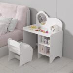 Kids Vanity Table with Mirror and Chair, Wooden Children's Dressing Makeup Desk with Storage Shelves, Study and Activity Table for Girls and Boys, Playroom Bedroom Furniture - White - Image 9